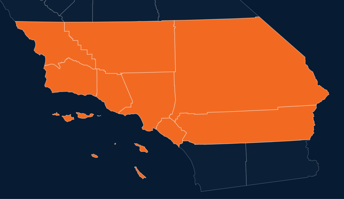 Map highlighting CAIR-LA's eight-county Southern California service area: Los Angeles, Orange, Ventura, San Bernardino, Riverside, Kern, Santa Barbara, and San Luis Obispo Counties